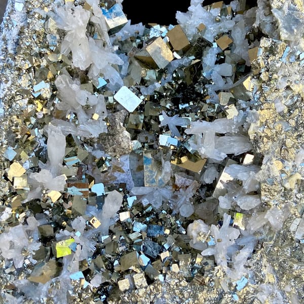 Large pyrite and quartz plate on stand from Shangbao, Hunan, China, overall view