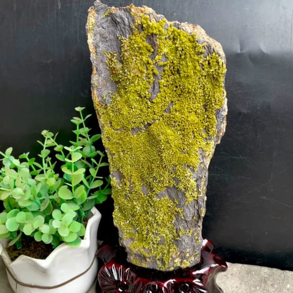 Tall slab of matcha-green pyromorphite on stand from Guangxi, China