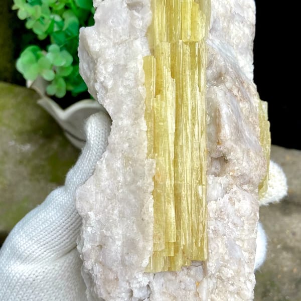 Block of golden prismatic topaz columns in white matrix from Germany, top view