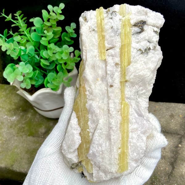 Block of golden prismatic topaz columns in white matrix from Germany, overall view