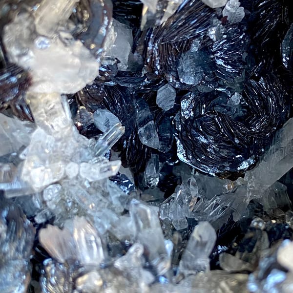Pyrite and quartz geode bowl from Guangdong, China, close-up of terminations