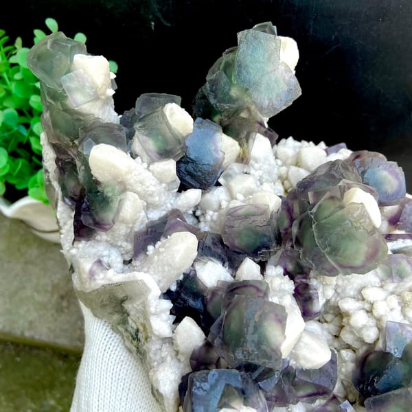 Large plate of green fluorite balls with purple edges on white quartz from Inner Mongolia, China, second angle