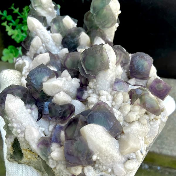 Large plate of green fluorite balls with purple edges on white quartz from Inner Mongolia, China, reverse side