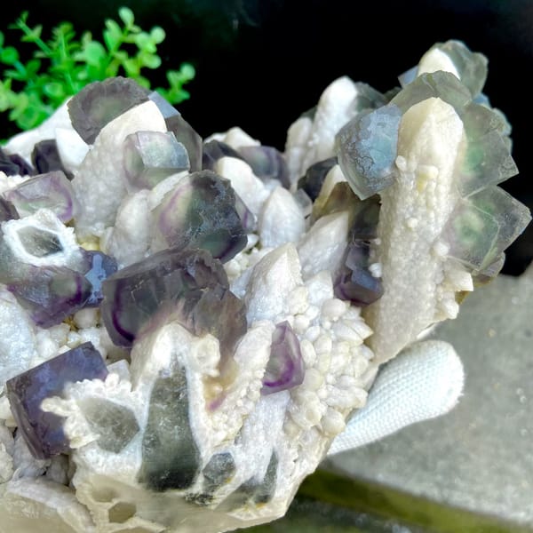 Large plate of green fluorite balls with purple edges on white quartz from Inner Mongolia, China, side view