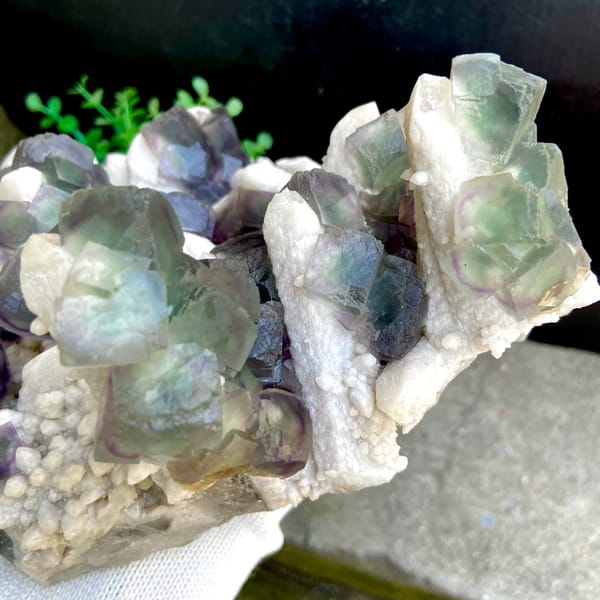 Large plate of green fluorite balls with purple edges on white quartz from Inner Mongolia, China, overall view