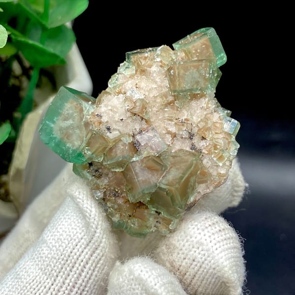 Green cubic fluorite on pale matrix from Hebei — alternate view