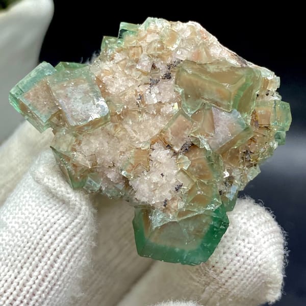 Green cubic fluorite on pale matrix from Hebei — alternate view
