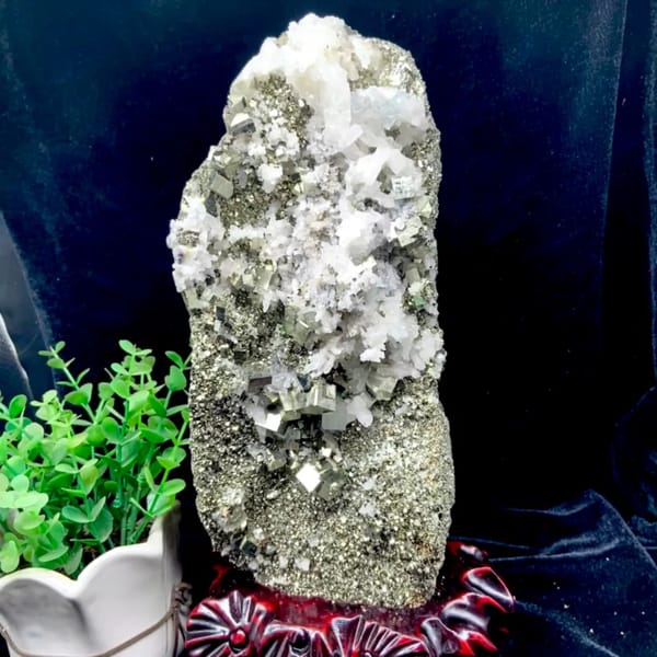 Tall tower of pyrite and white quartz on stand from Shangbao, Hunan, China