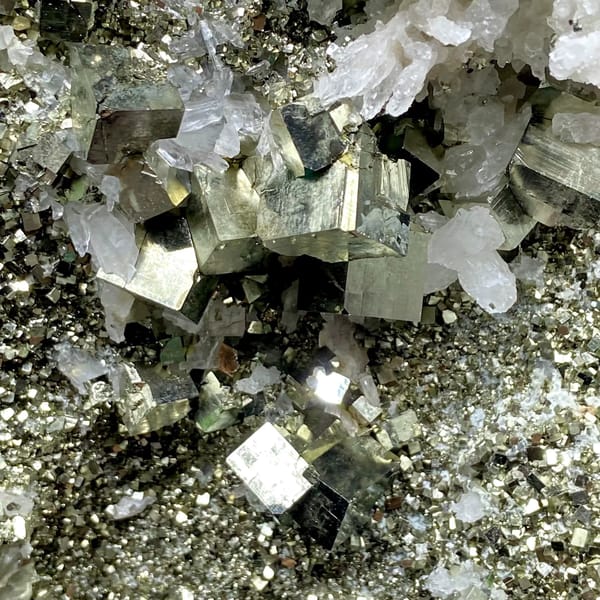 Tall tower of pyrite and white quartz on stand from Shangbao, Hunan, China, second angle