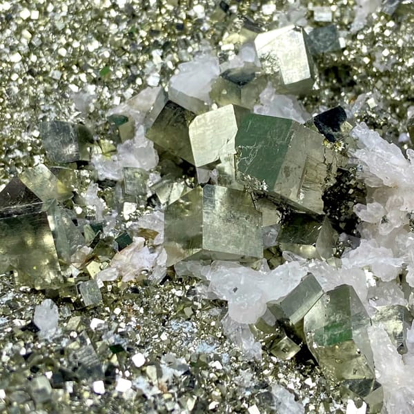 Tall tower of pyrite and white quartz on stand from Shangbao, Hunan, China, reverse side