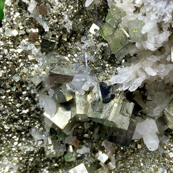 Tall tower of pyrite and white quartz on stand from Shangbao, Hunan, China, top view