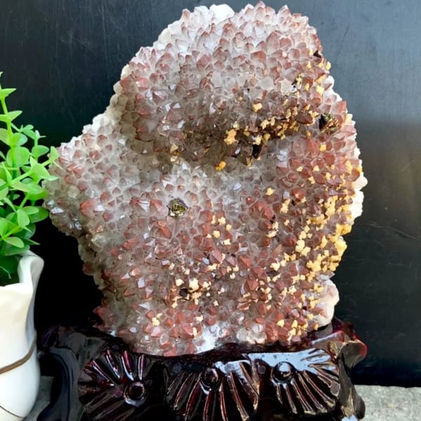 Red-skinned quartz plate with chalcopyrite and dolomite on stand from Jiangxi, China