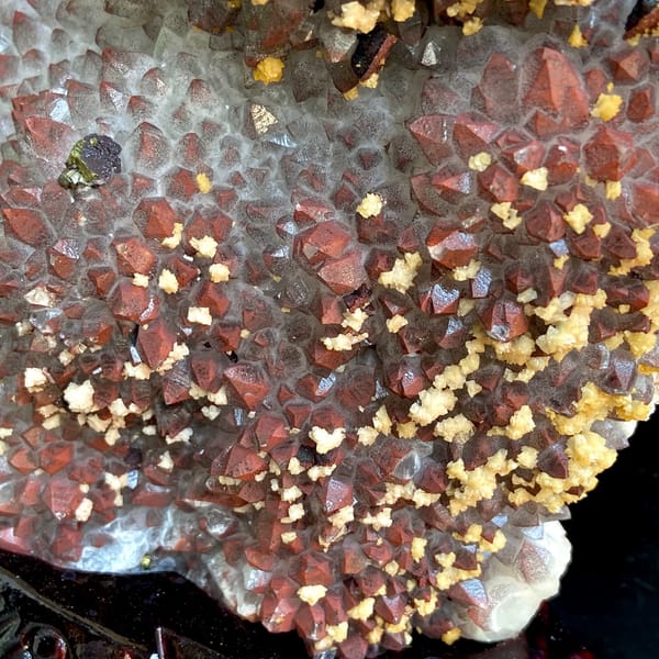 Red-skinned quartz plate with chalcopyrite and dolomite on stand from Jiangxi, China, second angle