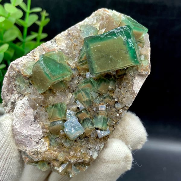 Angled view of the large green fluorite cube above smaller crystals