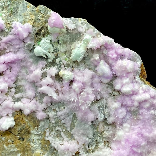 Large plate of pink aragonite crusts on tan rock from Yunnan, China, close-up of terminations