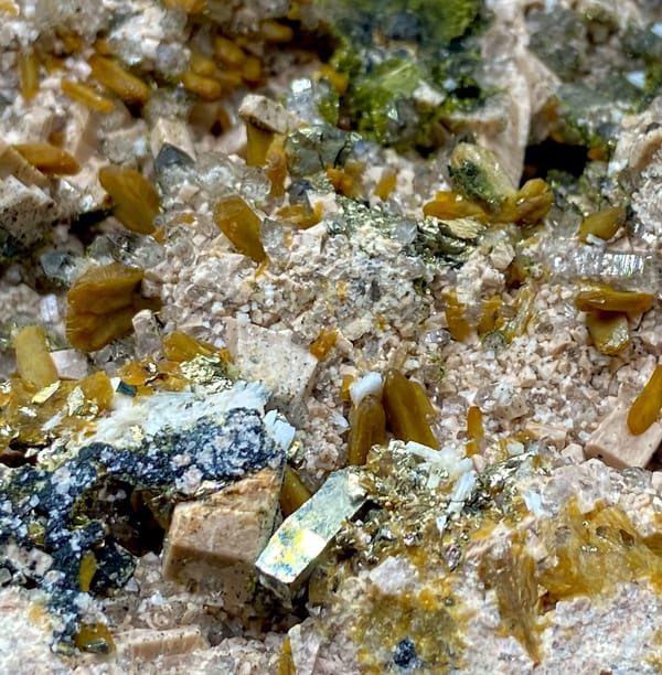 Multi-mineral plate of feldspar, zeolite, quartz, pyrite and epidote on stand from Fujian, China, second angle