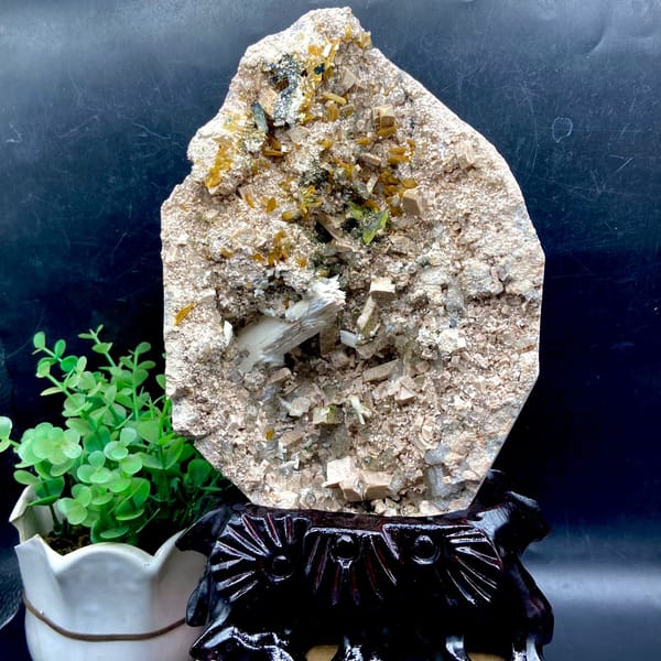 Multi-mineral plate of feldspar, zeolite, quartz, pyrite and epidote on stand from Fujian, China, overall view