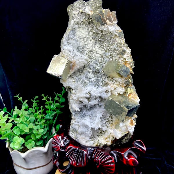 Pyrite and quartz tower on carved stand from Shangbao, Hunan, China, second angle