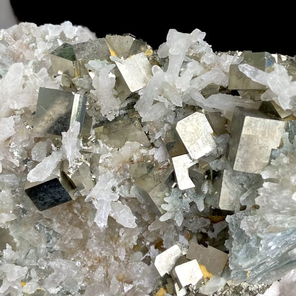 Large cluster of pyrite cubes and white quartz from Hunan, China, second angle
