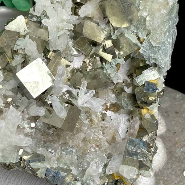Large cluster of pyrite cubes and white quartz from Hunan, China, top view