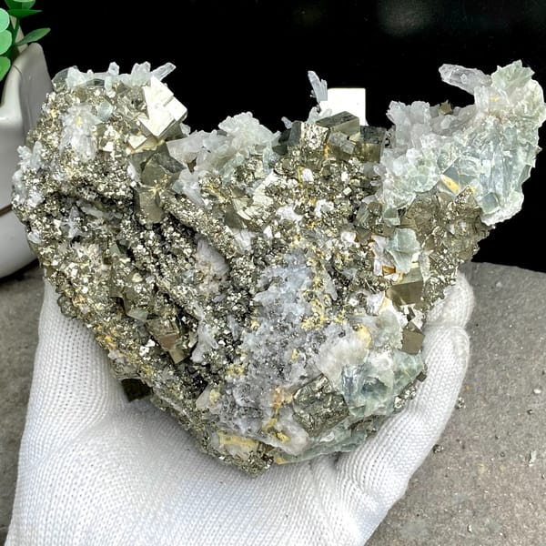 Large cluster of pyrite cubes and white quartz from Hunan, China, overall view