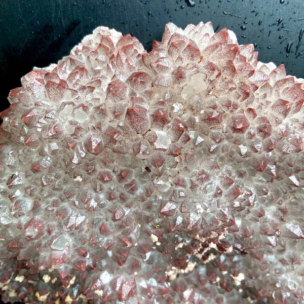 Fan of red-skinned quartz points with dolomite on stand from Jiangxi, China, reverse side