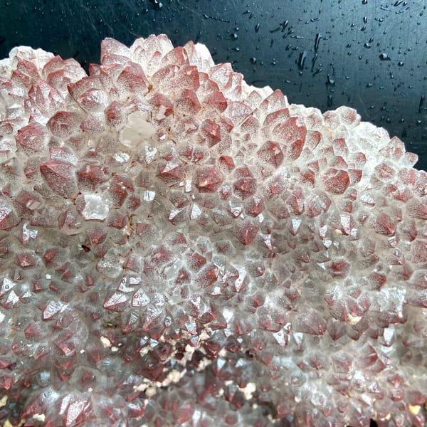 Fan of red-skinned quartz points with dolomite on stand from Jiangxi, China, detail of the matrix contact