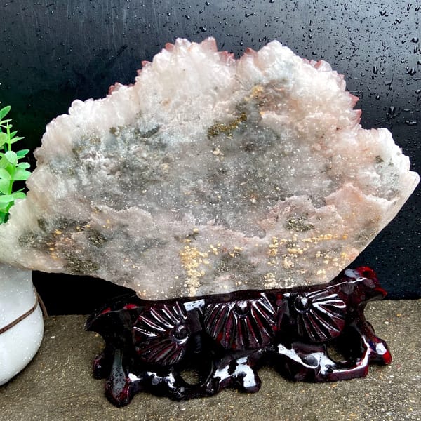 Fan of red-skinned quartz points with dolomite on stand from Jiangxi, China, overall view