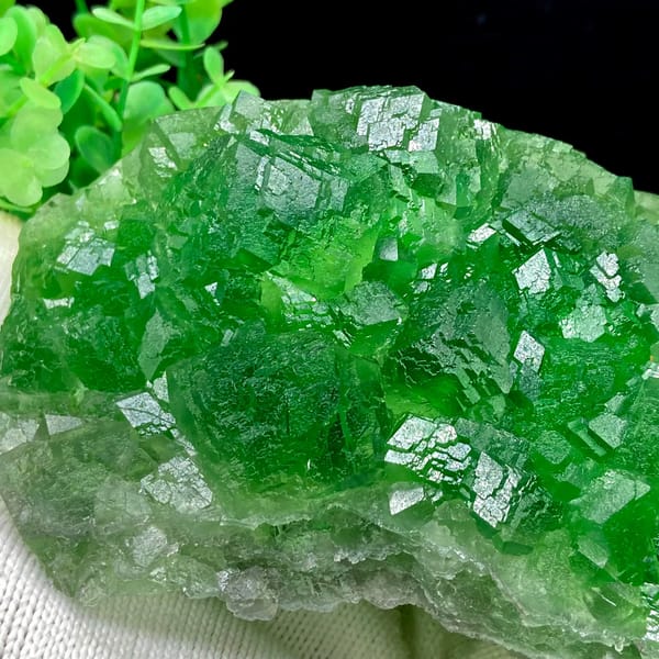Dome of transparent emperor-green fluorite cubes from Zhejiang, China, close-up of the crystal faces