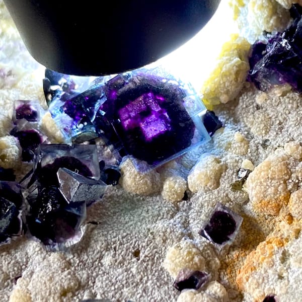 Plate of purple-cored window fluorite on stand from Inner Mongolia, China, detail of the matrix contact