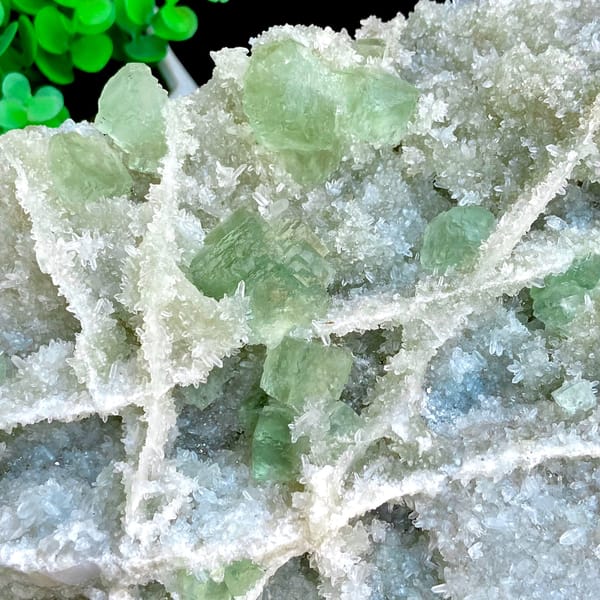 Large plate of pale green stepped fluorite over quartz from Fujian, China, second angle