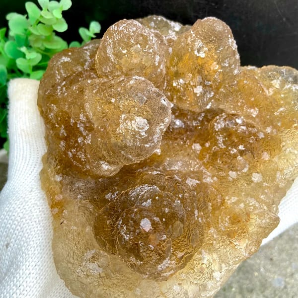 Amber pineapple fluorite of stacked translucent columns from Henan, China, overall view