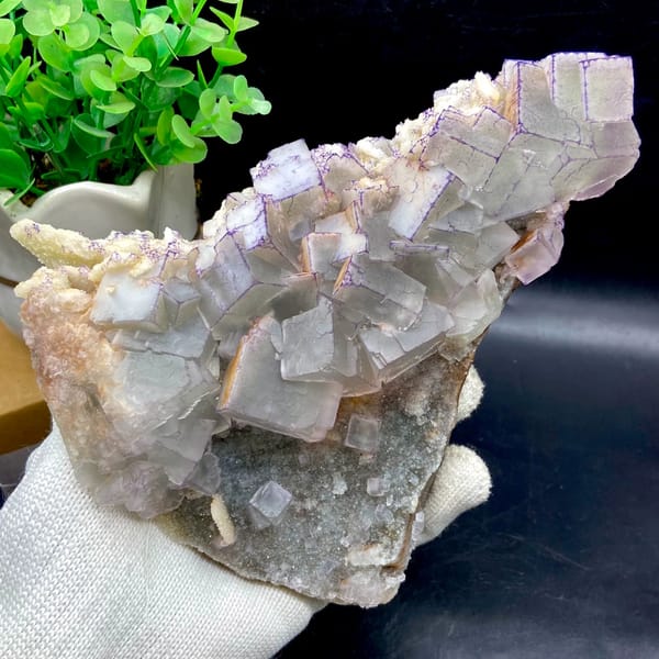 Plate of blue-and-white porcelain fluorite from Guizhou, China, close-up of the crystal faces