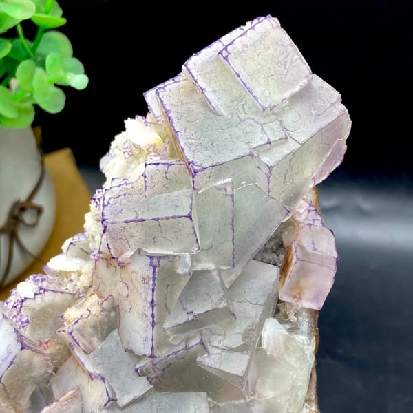 Plate of blue-and-white porcelain fluorite from Guizhou, China, detail of the matrix contact