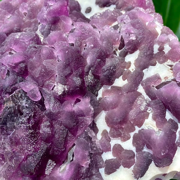 Large plate of purple recrystallised fluorite octahedra from Zhejiang, China, detail of the matrix contact