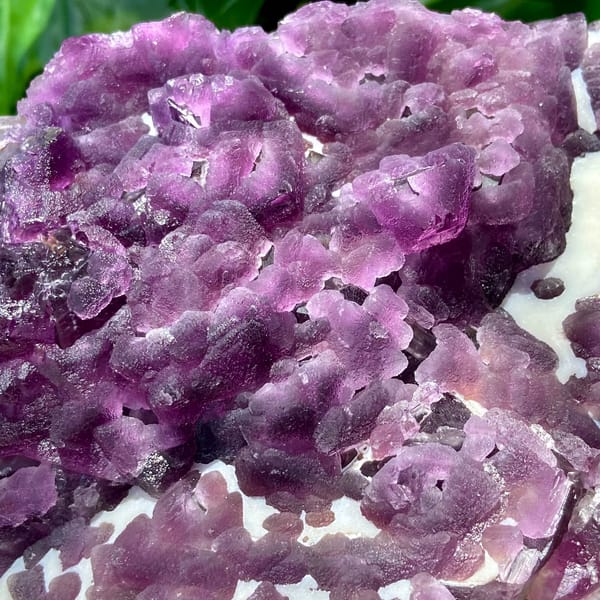 Large plate of purple recrystallised fluorite octahedra from Zhejiang, China, close-up of terminations