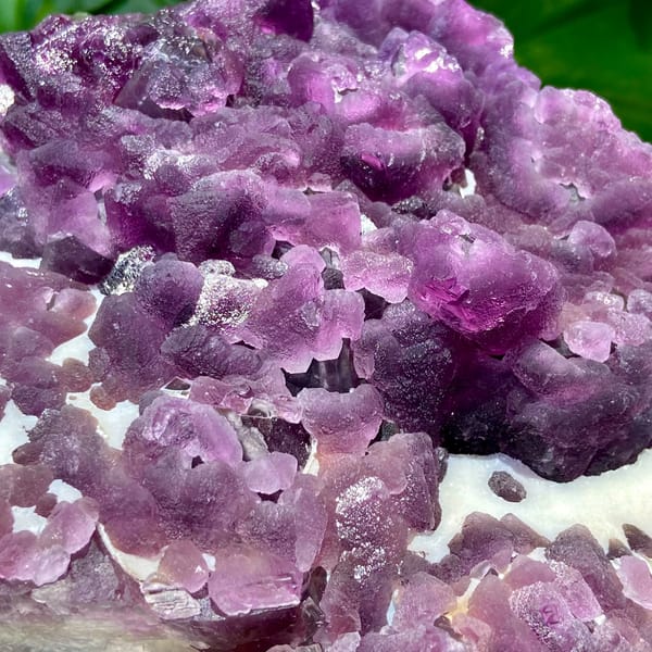 Large plate of purple recrystallised fluorite octahedra from Zhejiang, China, overall view