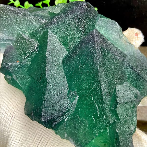 Block of large green fluorite octahedra from Zhejiang, China, top view