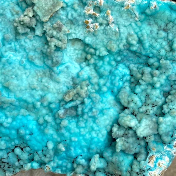 Large plate of turquoise-blue botryoidal hemimorphite from Yunnan, China, close-up of terminations