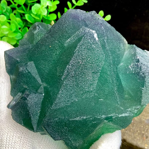 Cluster of green fluorite octahedra with purple edges from Zhejiang, China, close-up of the crystal faces