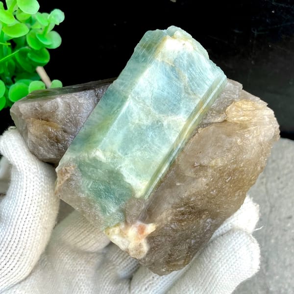 Large blue-green aquamarine prism in smoky quartz from Yunxiao, Fujian, China, second angle
