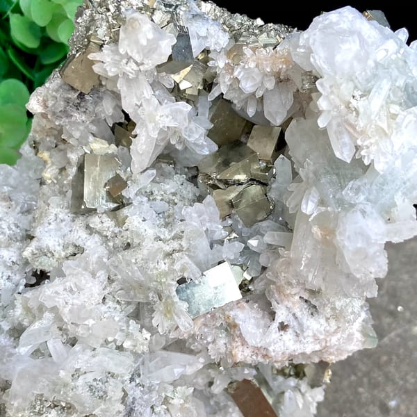 White quartz cluster studded with pyrite cubes from Shangbao, Hunan, China, second angle