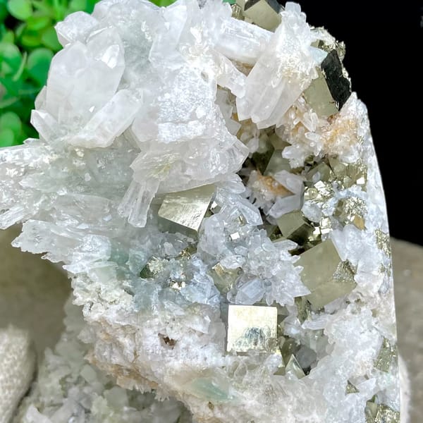 White quartz cluster studded with pyrite cubes from Shangbao, Hunan, China, reverse side