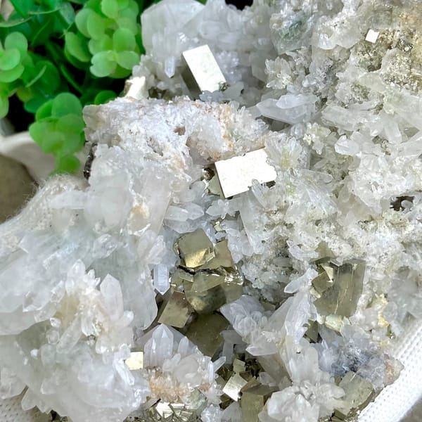 White quartz cluster studded with pyrite cubes from Shangbao, Hunan, China, top view