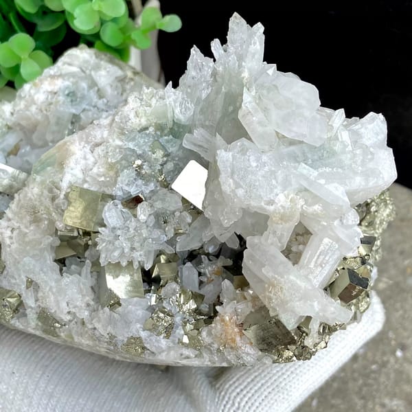 White quartz cluster studded with pyrite cubes from Shangbao, Hunan, China, close-up of terminations