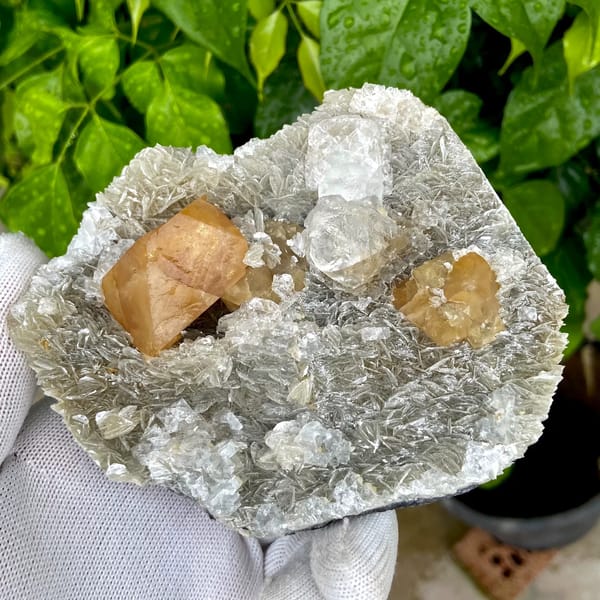 Orange scheelite and frosted fluorite on silvery mica from Xuebaoding, Sichuan, China, detail of the matrix contact