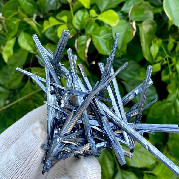 Floater spray of steel-grey stibnite needles from Jiangxi, China, reverse side