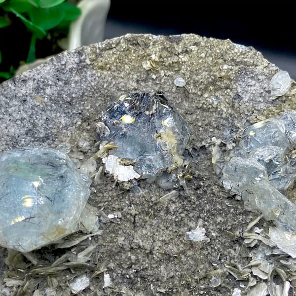 Pale blue aquamarine crystals with schorl on grey plate from Sichuan, China, detail of the matrix contact