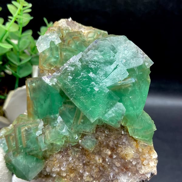 Dome of transparent sea-green fluorite cubes from Hebei, China, reverse side