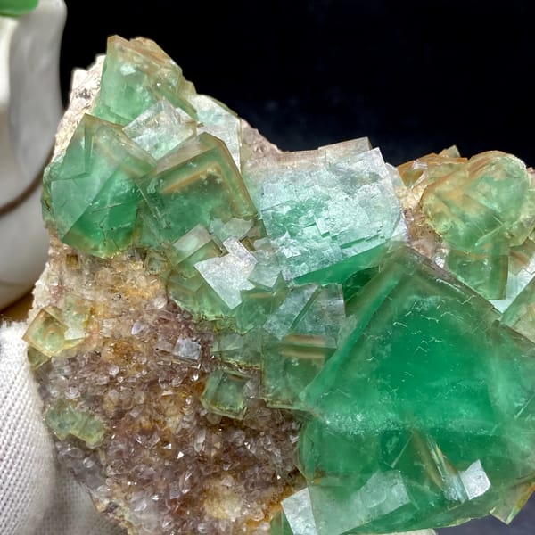 Dome of transparent sea-green fluorite cubes from Hebei, China, overall view
